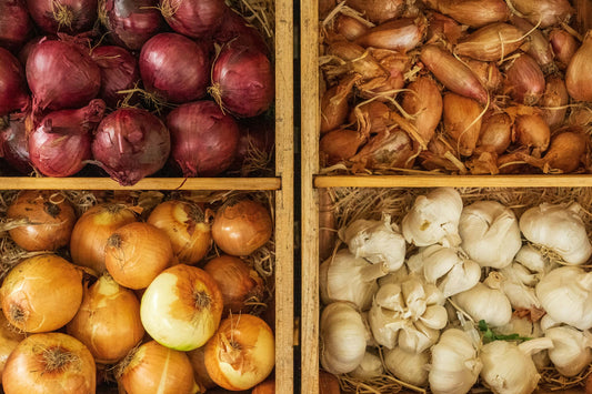 High fodmap foods like garlic and onion are pictured