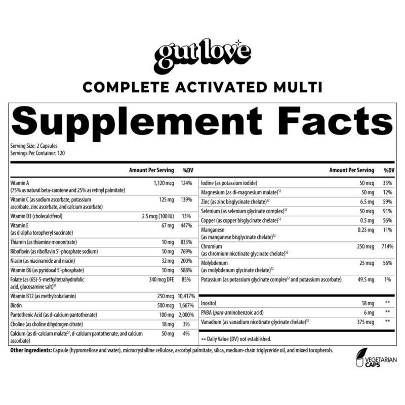 Gut Love Complete Activated Multi Multivitamin Supplement Facts