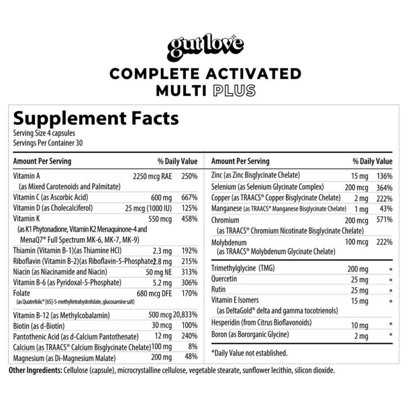Gut Love Complete Activated Multi Plus Multivitamin Supplement Facts