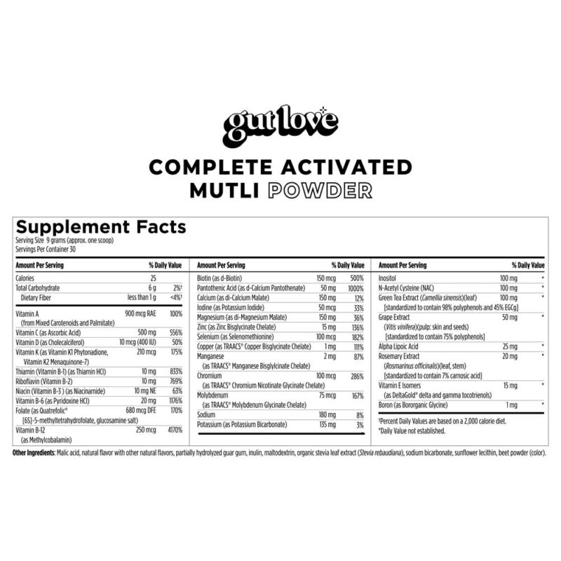 Gut Love Complete Activated Multi Powder Multivitamin Supplement Facts