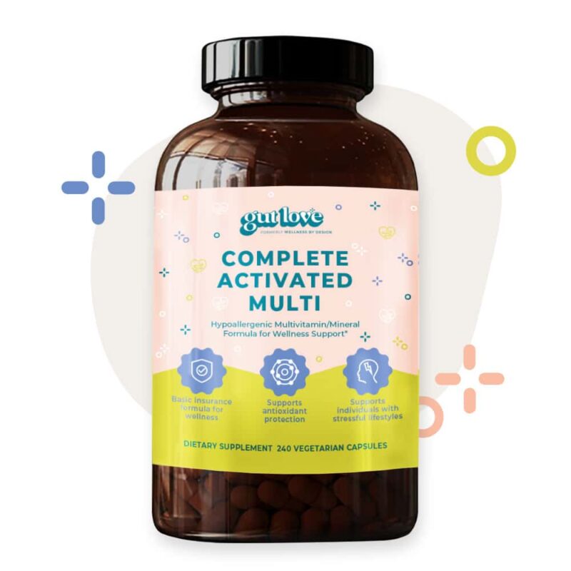 Gut Love Supplements Complete Activated Multi Multivitamin Dark Glass Bottle with colorful shapes behind it