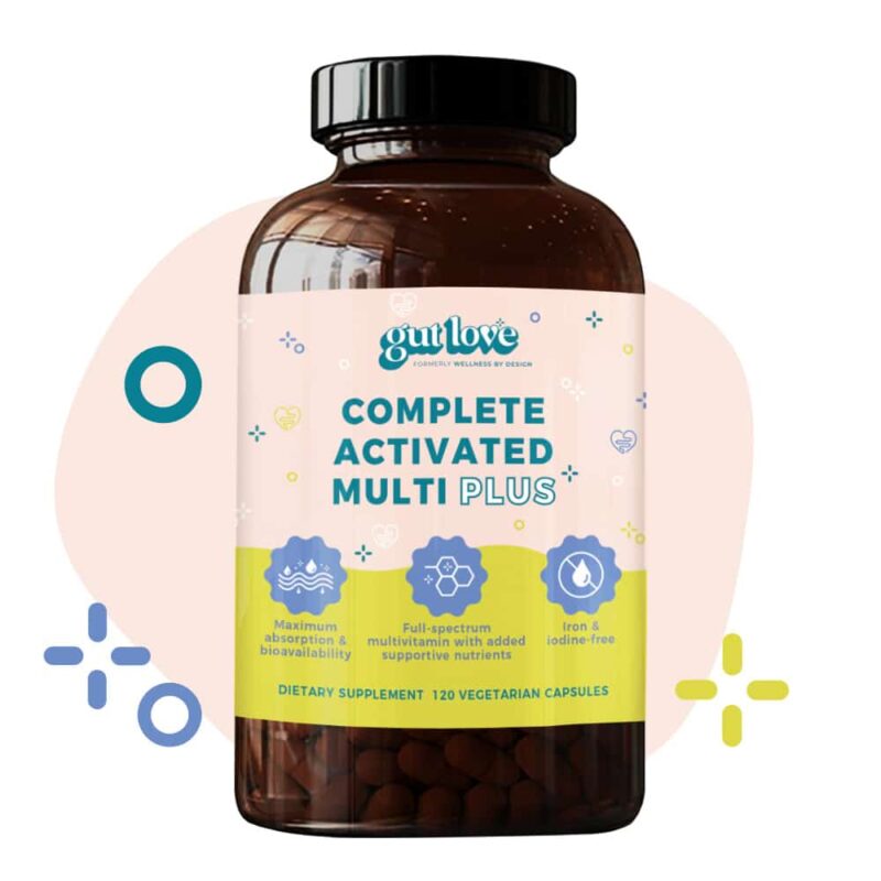 Gut Love Supplements Complete Activated Multi Plus Multivitamin Dark Glass Bottle with colorful shapes behind it