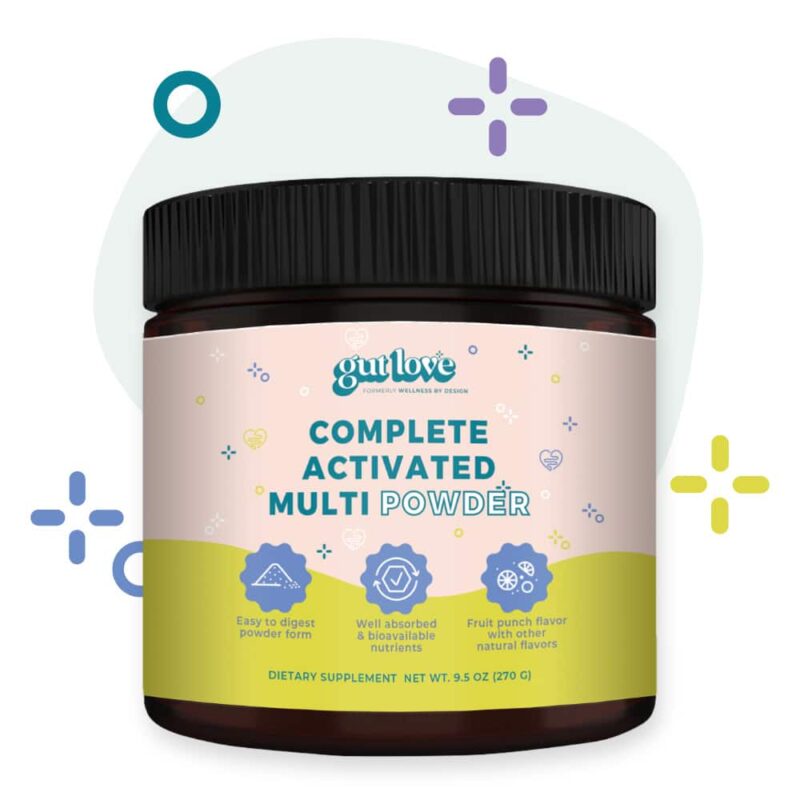 Gut Love Supplements Complete Activated Multi Powder Multivitamin Opaque Plastic Jar with colorful shapes behind it