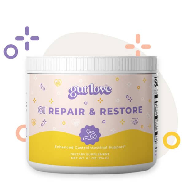 Gut Love Supplements GI Repair and Restore Gut Health Opaque Plastic Jar with colorful shapes behind it