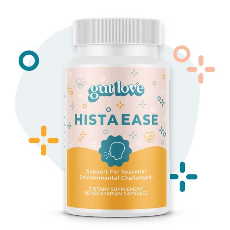 Gut Love Supplements HistaEase Immune Support Opaque Plastic Bottle with colorful shapes behind it