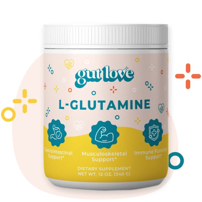 Gut Love Supplements L-Glutamine GI Support Opaque Plastic Jar with colorful shapes behind it
