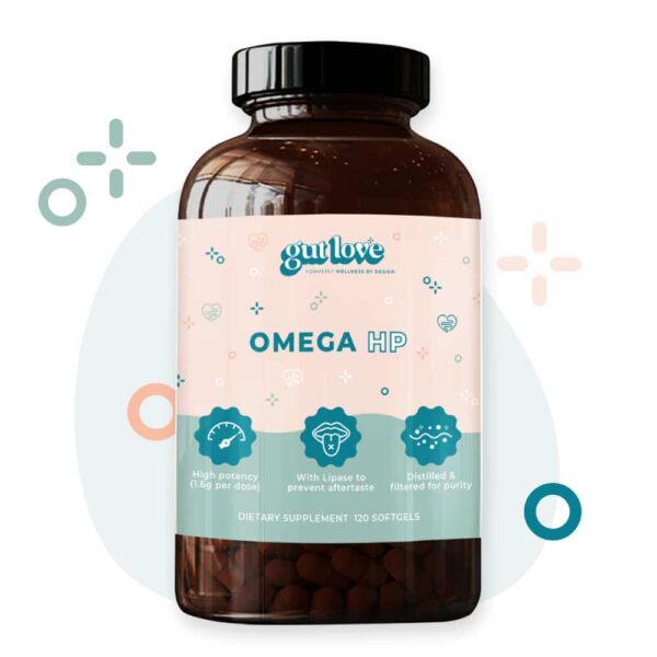 Gut Love Supplements Omega HP Omega-3's Dark Glass Bottle with colorful shapes behind it