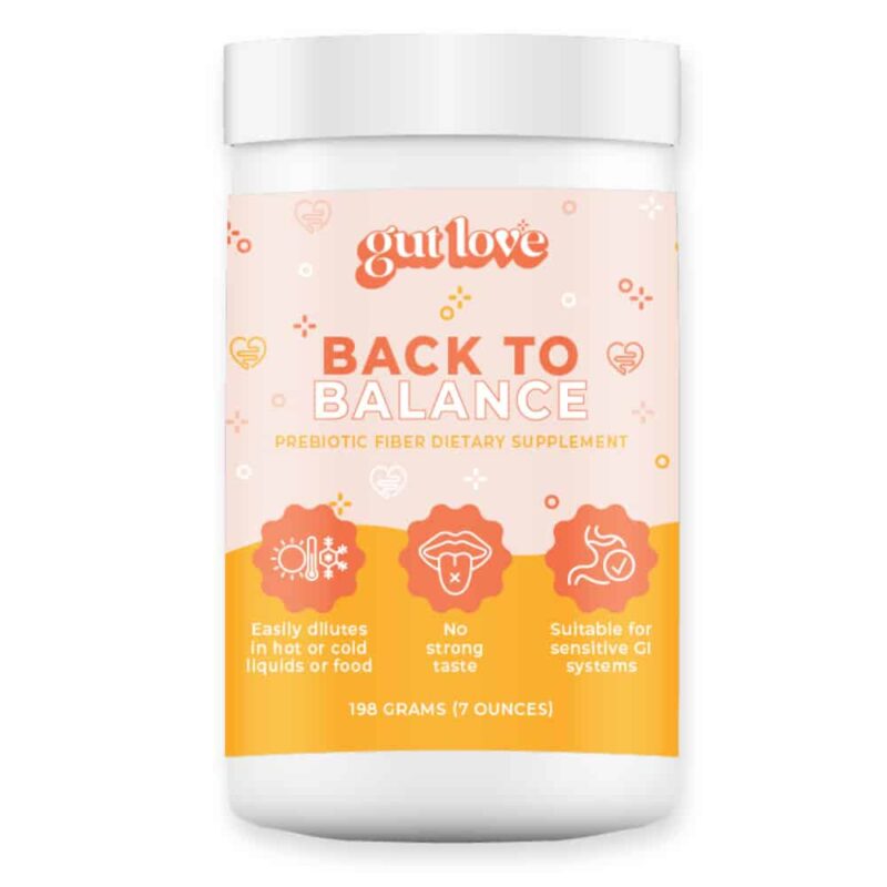 Gut Love Supplements SunFiber Back to Balance Prebiotic Dietary Fiber in an Opaque Plastic Jar