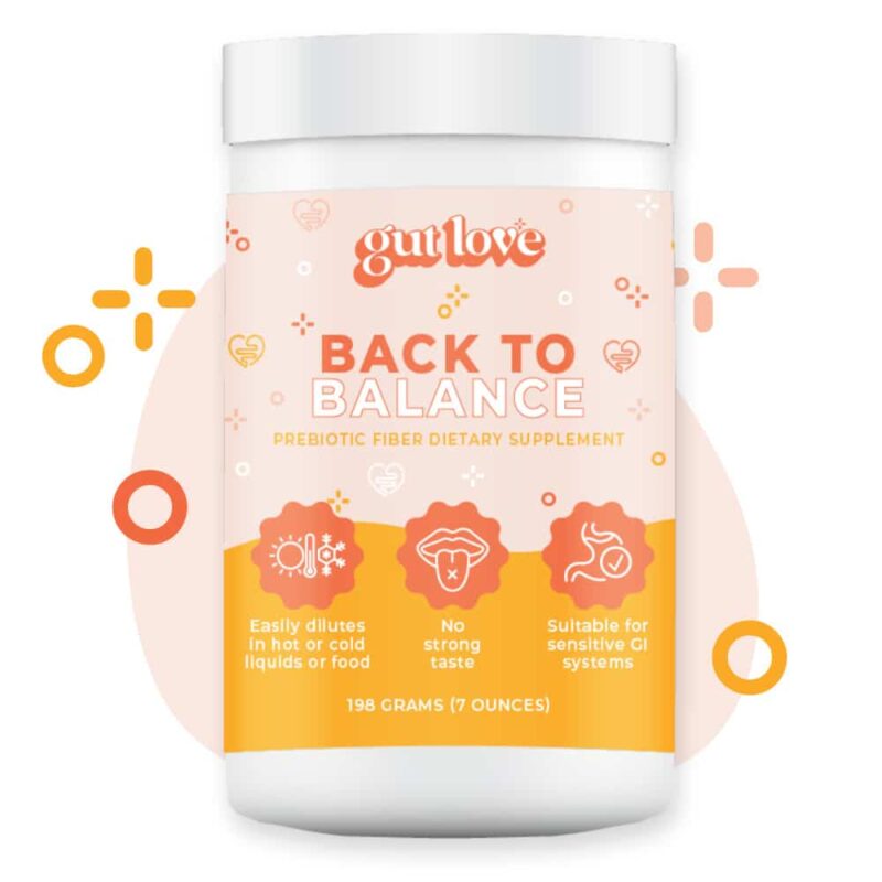 Gut Love Supplements SunFiber Back to Balance Prebiotic Dietary Fiber in an Opaque Plastic Jar with colorful shapes behind it