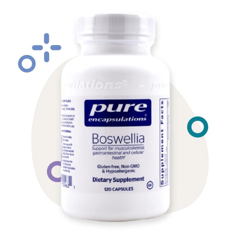 Pure Brand Boswellia Anti-inflammatory Supplement Opaque Plastic Bottle with colorful shapes behind it