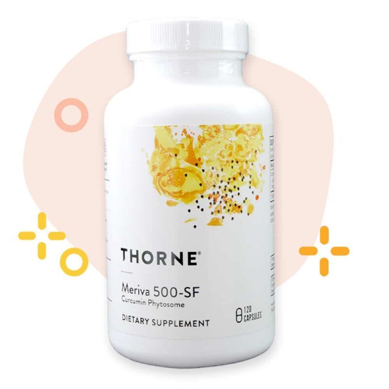 Thorne Brand Meriva 500-SF Curcumin Anti-inflammatory Opaque Plastic Supplement Bottle with colorful shapes behind it