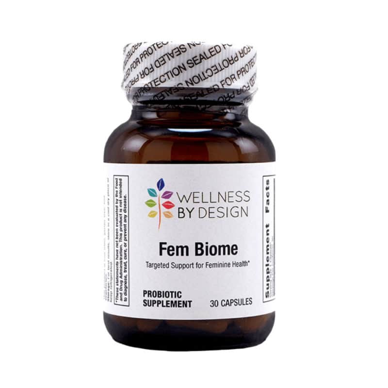 Wellness By Design Fem Biome label on an opaque glass bottle