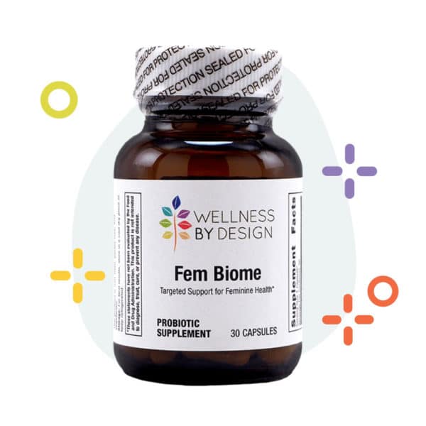 Wellness By Design Fem Biome label on an opaque glass bottle with colorful shapes behind it
