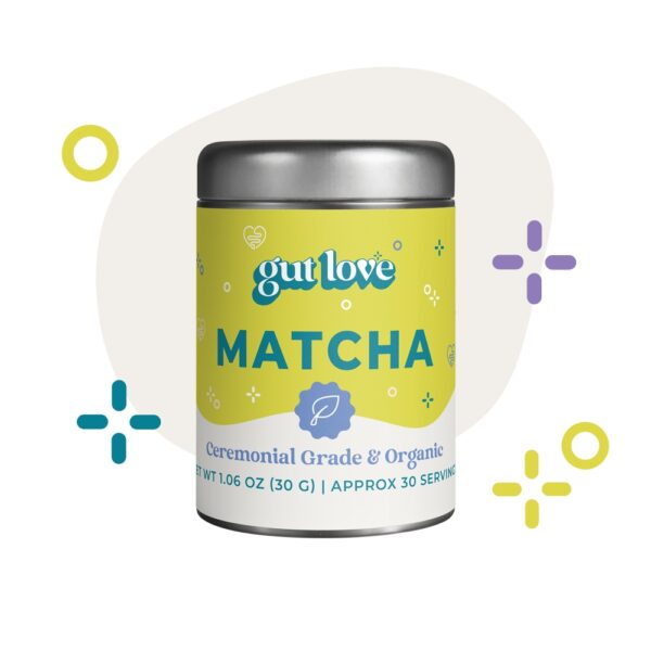 Gut Love Supplements Ceremonial Grade, Organic Matcha in Tin Jar with colorful shapes behind it