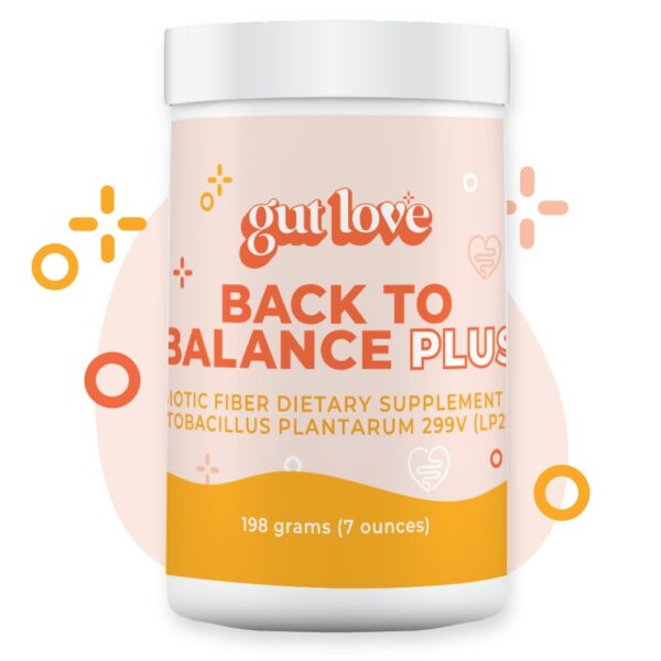 Gut Love Supplements SunFiber Back to Balance Plus Prebiotic and Probiotic Dietary Fiber in an Opaque Plastic Jar with fun shapes behind it